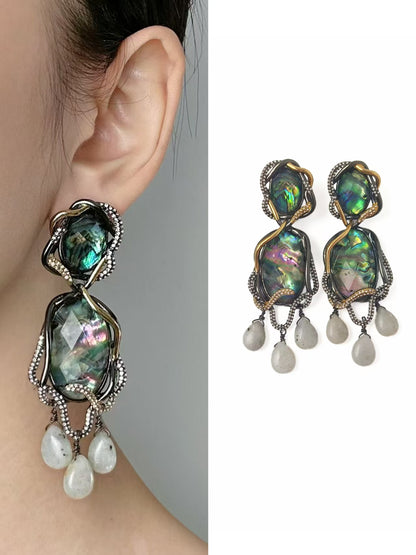 Avant-Garde Statement Earrings: Iridescent Abalone Shell Fringe with Artisan Craftsmanship