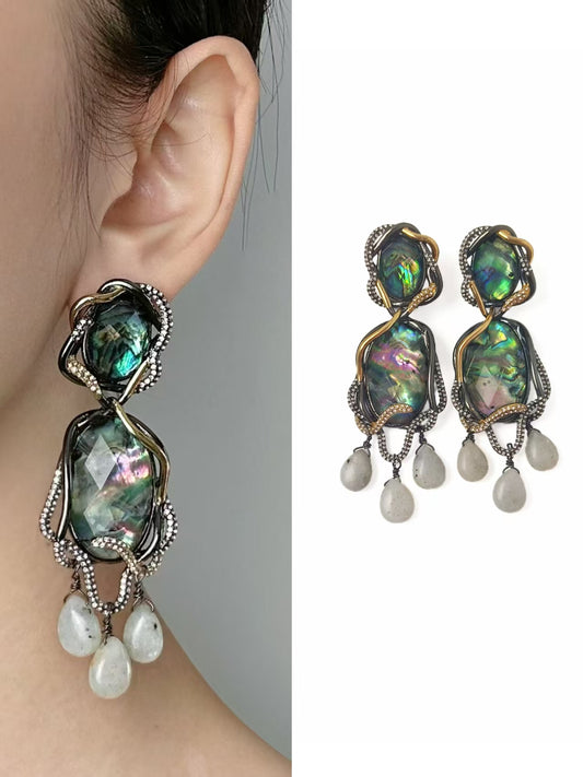 Avant-Garde Statement Earrings: Iridescent Abalone Shell Fringe with Artisan Craftsmanship