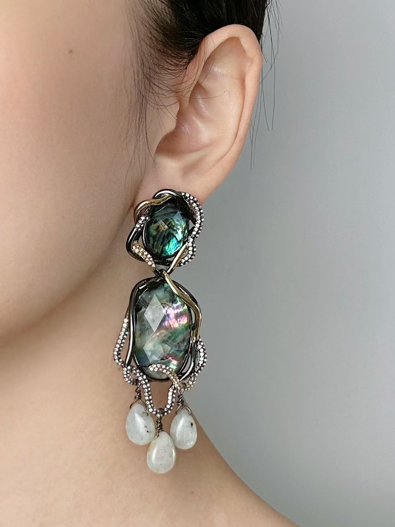 Avant-Garde Statement Earrings: Iridescent Abalone Shell Fringe with Artisan Craftsmanship
