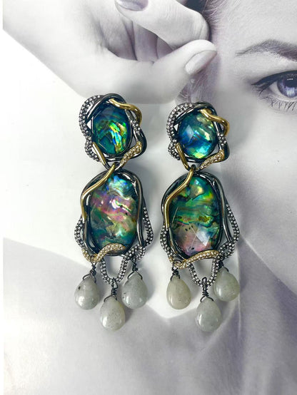 Avant-Garde Statement Earrings: Iridescent Abalone Shell Fringe with Artisan Craftsmanship