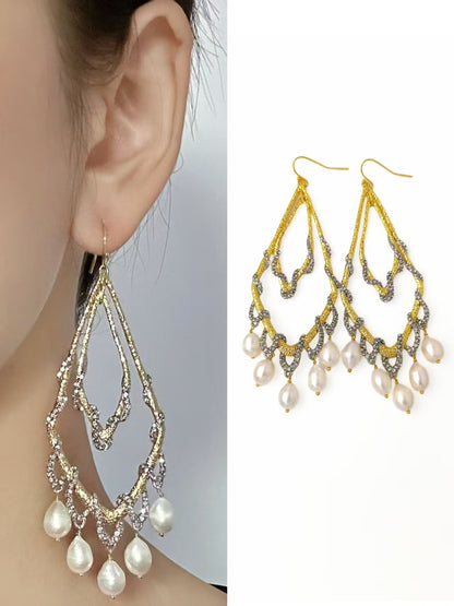 Artisan Statement Earrings: Baroque Pearl Fringe with Intricate Vine Motifs