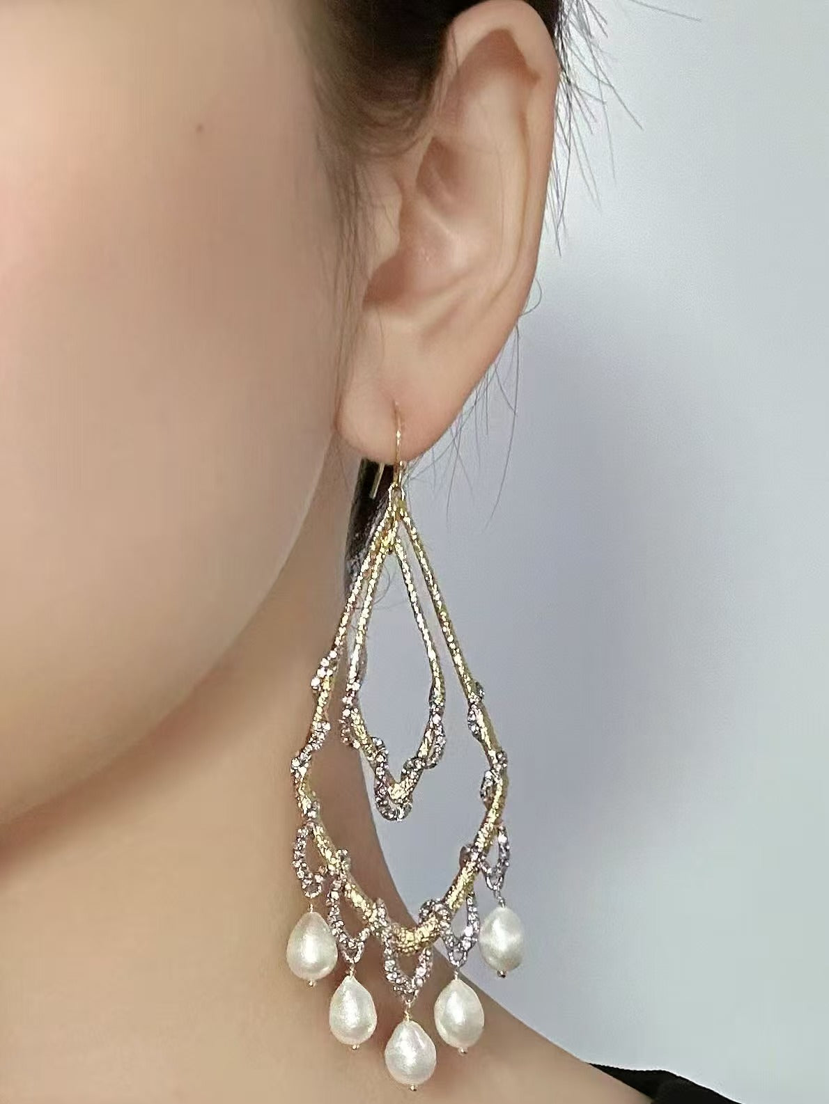 Artisan Statement Earrings: Baroque Pearl Fringe with Intricate Vine Motifs