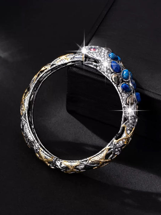 Vintage Heavywork Gold-Plated Snake Cuff Bracelet with Lapis Lazuli – Avant-Garde Unique Design