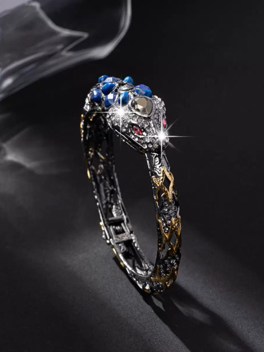 Vintage Heavywork Gold-Plated Snake Cuff Bracelet with Lapis Lazuli – Avant-Garde Unique Design