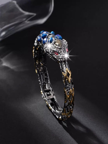 Vintage Heavywork Gold-Plated Snake Cuff Bracelet with Lapis Lazuli – Avant-Garde Unique Design