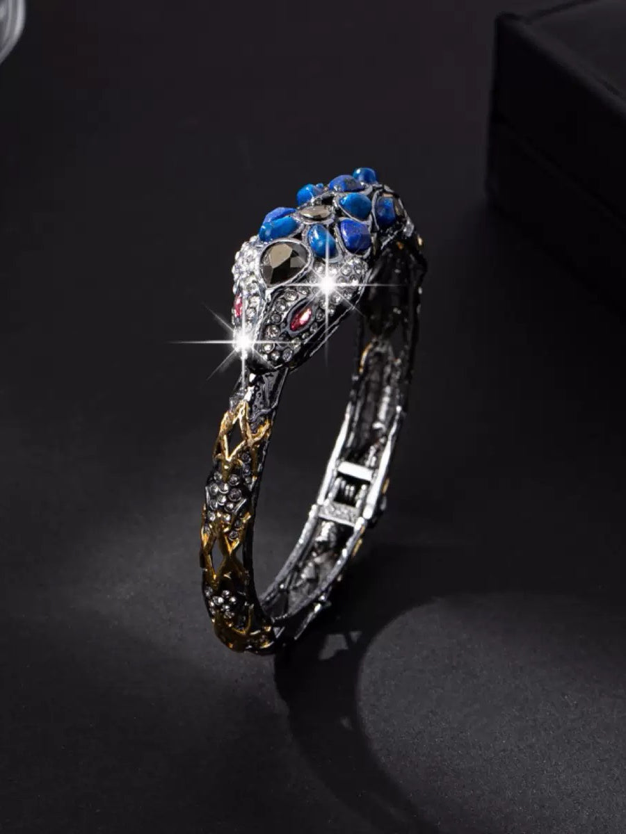 Vintage Heavywork Gold-Plated Snake Cuff Bracelet with Lapis Lazuli – Avant-Garde Unique Design