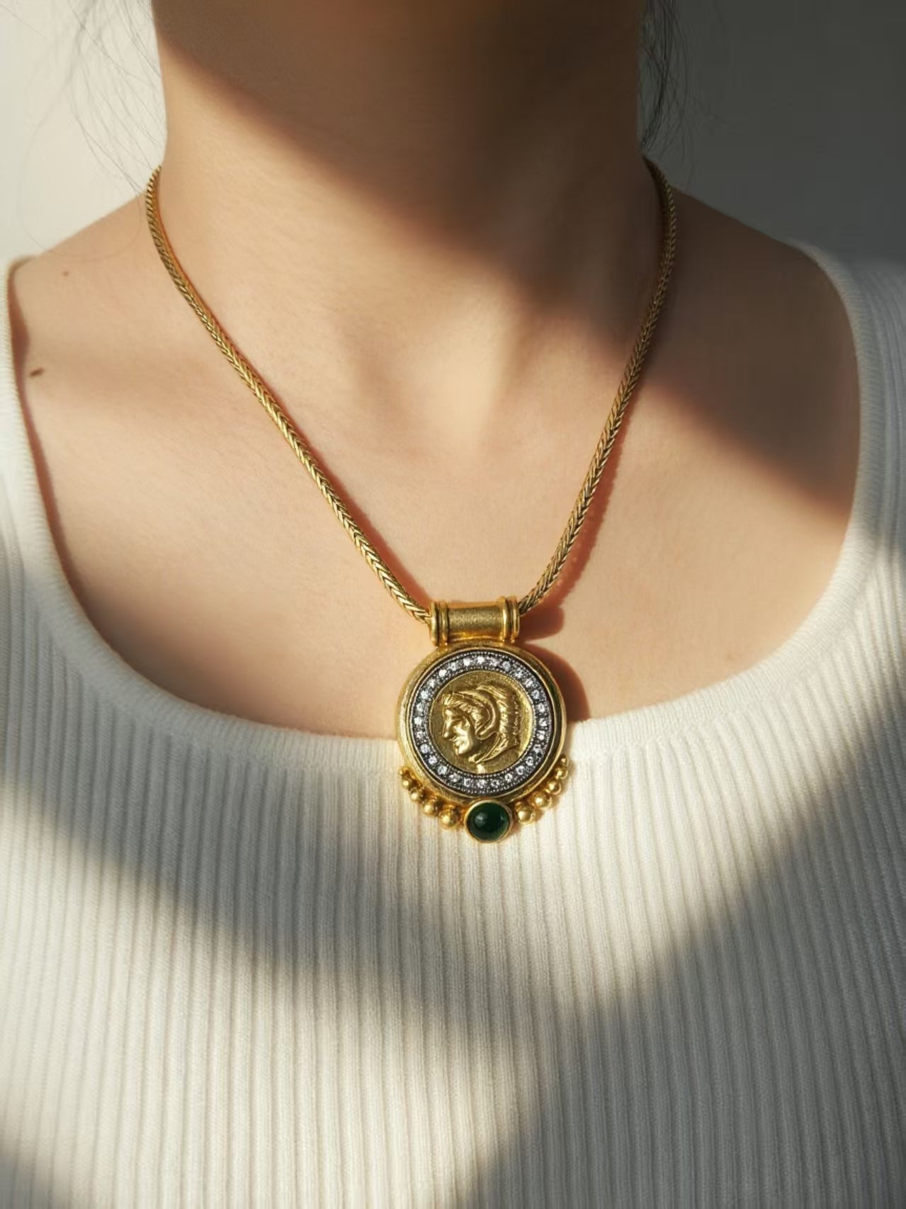 Vintage Minimalist Gold-Plated Brass Portrait Medallion Necklace with Green Agate Pendant Necklace