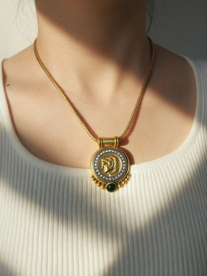 Vintage Minimalist Gold-Plated Brass Portrait Medallion Necklace with Green Agate Pendant Necklace