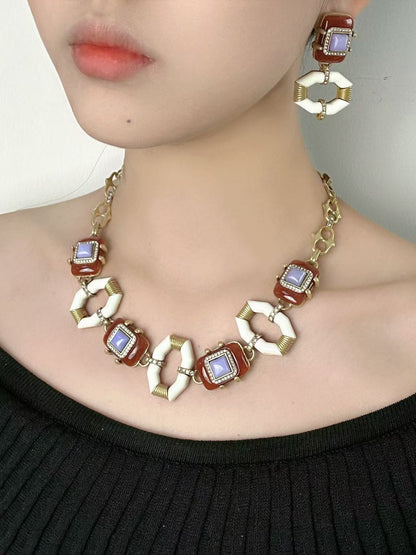 Vintage Heavy Craft 18K Gold-Plated Brass White Enamel & Purple Red Natural Stone Earrings Necklace Set