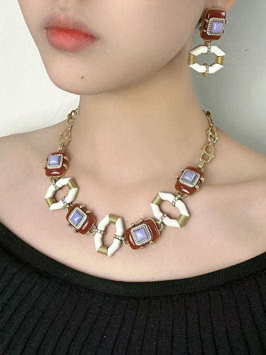 Vintage Heavy Craft 18K Gold-Plated Brass White Enamel & Purple Red Natural Stone Earrings Necklace Set