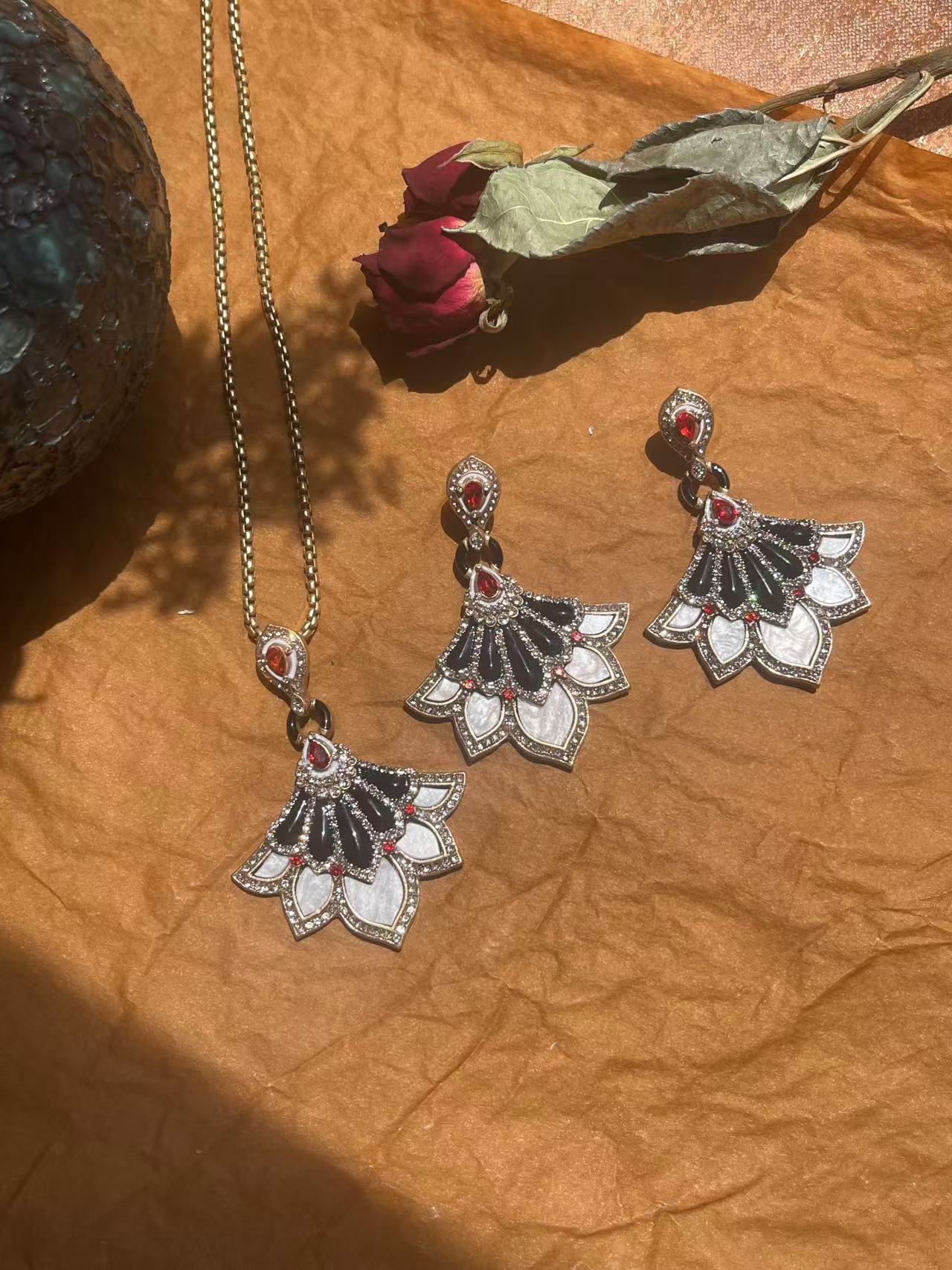 Vintage Black Enamel Jewelry Set with Red Gemstone Dancer Pendant