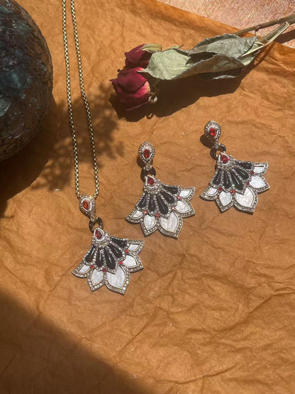 Vintage Black Enamel Jewelry Set with Red Gemstone Dancer Pendant