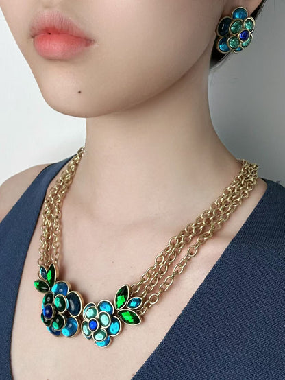 Vintage Heavy Craft Gold-Plated Multi-Layer Chain Blue-Green Glazed Camellia Earrings & Necklace Set