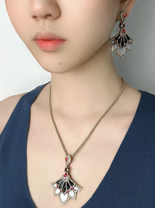 Vintage Black Enamel Jewelry Set with Red Gemstone Dancer Pendant