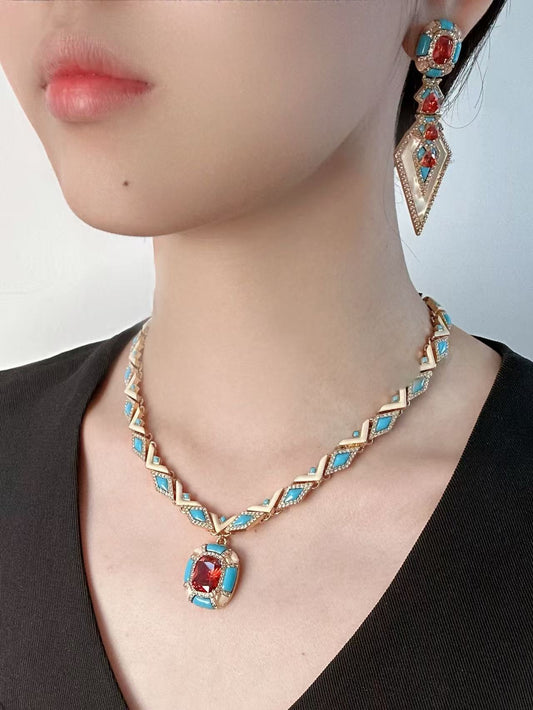 Vintage Niche Luxury Gold-Plated Copper Blue Enamel & Ruby Red Rhombus Necklace & Earrings Set