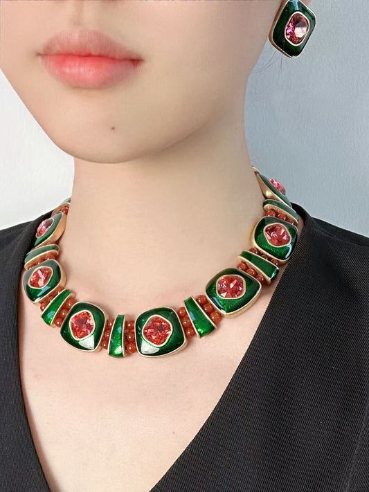 Vintage Heavy Craft Gold-Plated Copper Color-Block Sugar Cube Rose Quartz & Green Enamel Open Ring, Earrings & Collarbone Chain Set