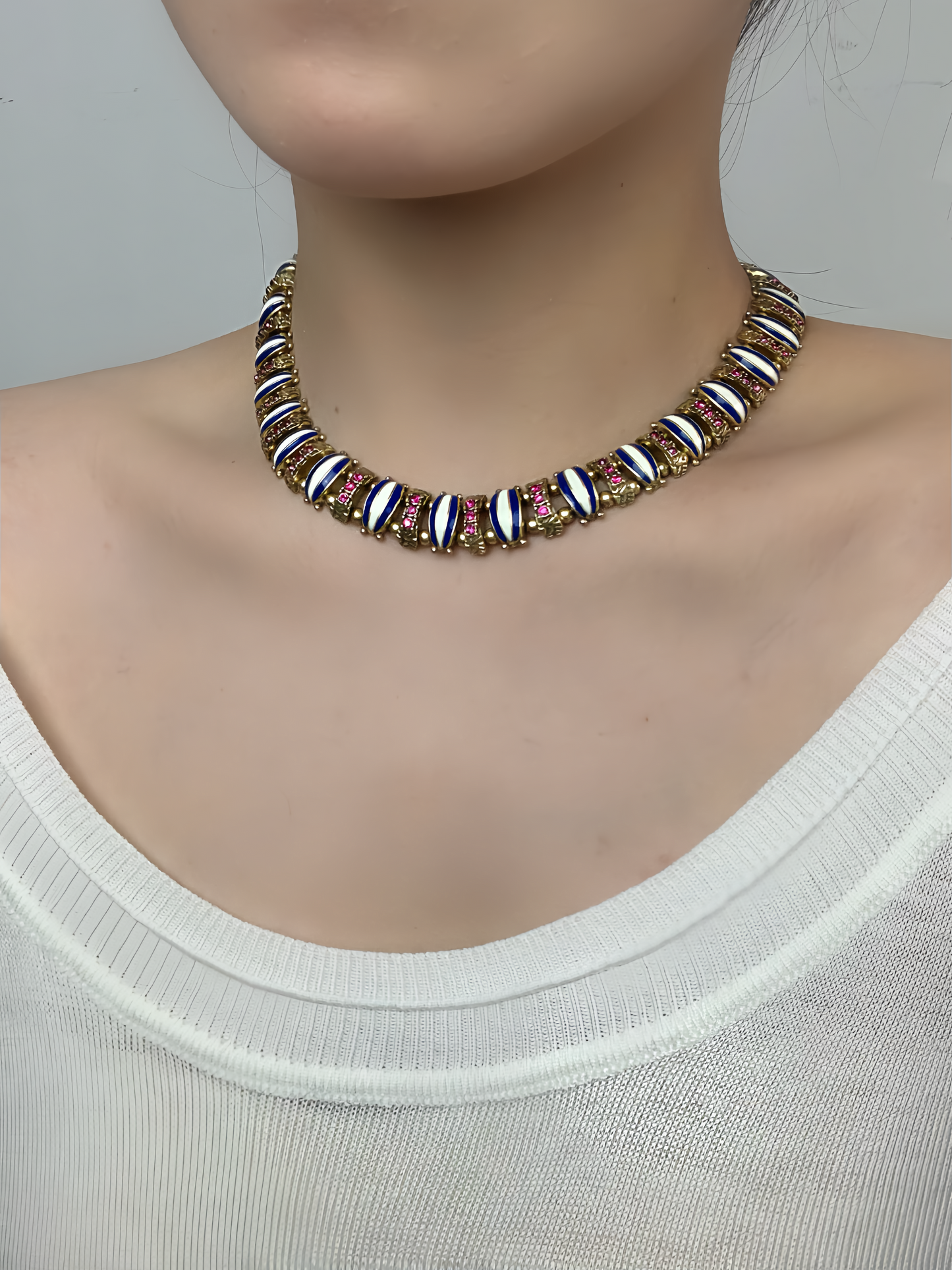 Vintage Heavy Craft Brass 18K Gold-Plated Necklace with Blue & White Enamel and Red Rhinestones