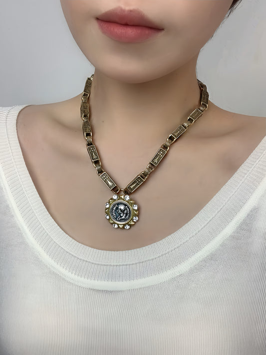 Vintage Coin Portrait Pendant Necklace – Solid Bar Design, Minimalist Retro Jewelry