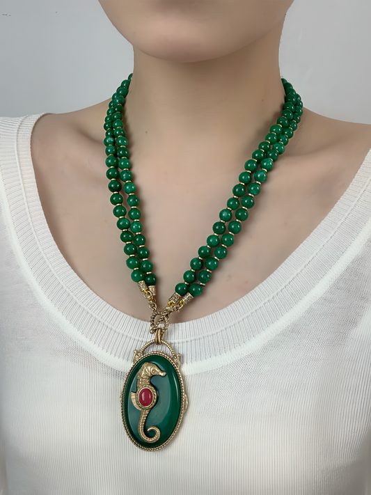 Vintage Gold-Plated Brass Seahorse Pendant Necklace – Green Gemstone, Long Crossbody Style