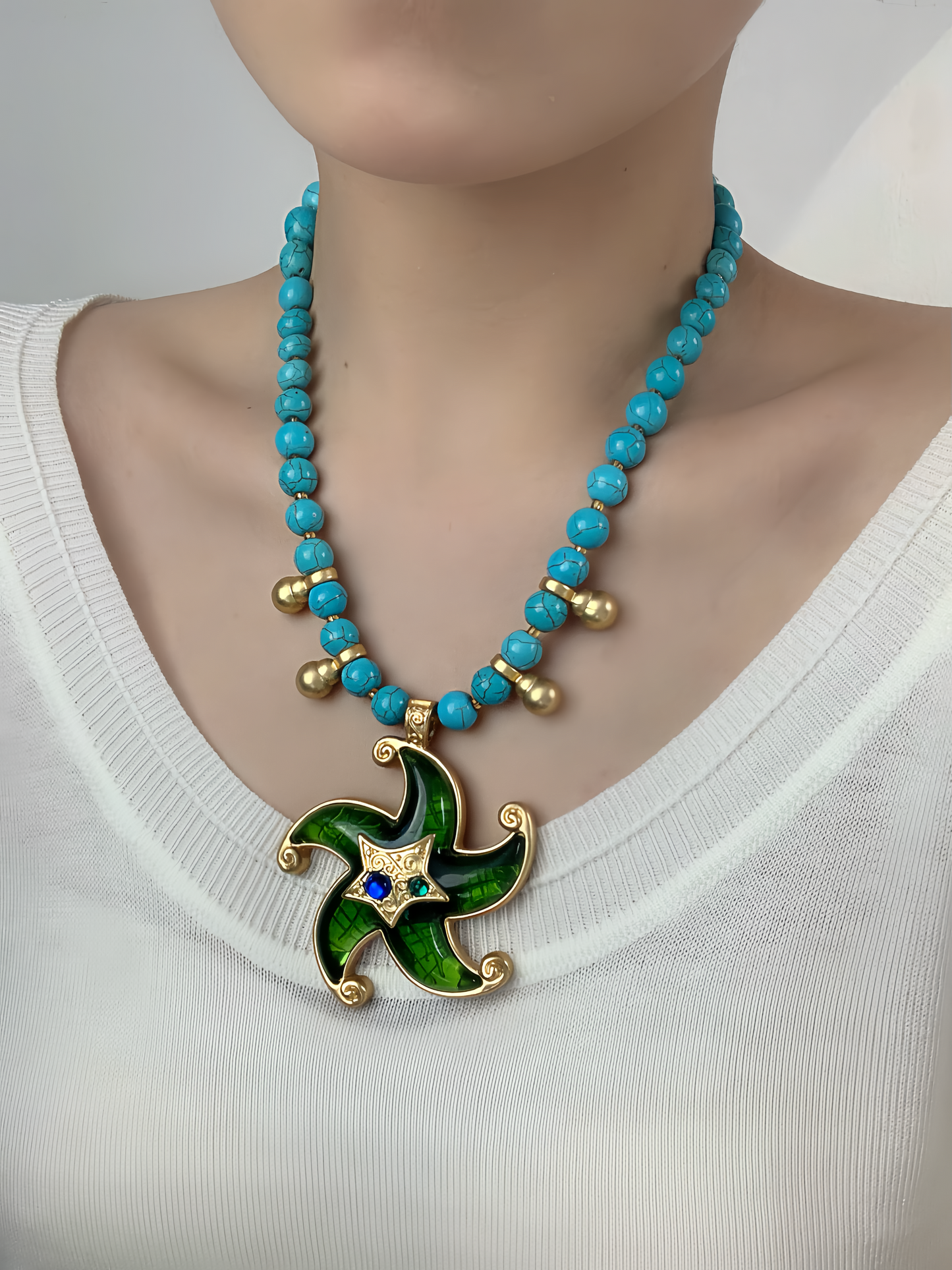 Vintage Heavy Craft Gold-Plated Brass Turquoise Beaded Necklace with Green Glass Starfish Pendant