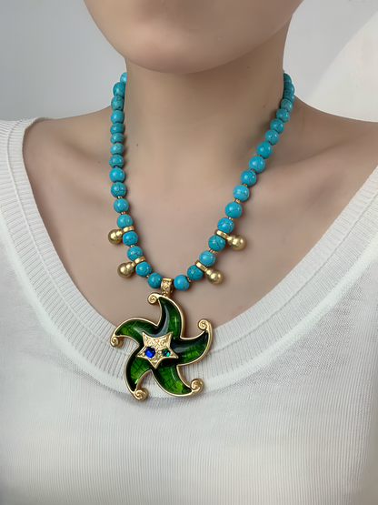 Vintage Heavy Craft Gold-Plated Brass Turquoise Beaded Necklace with Green Glass Starfish Pendant