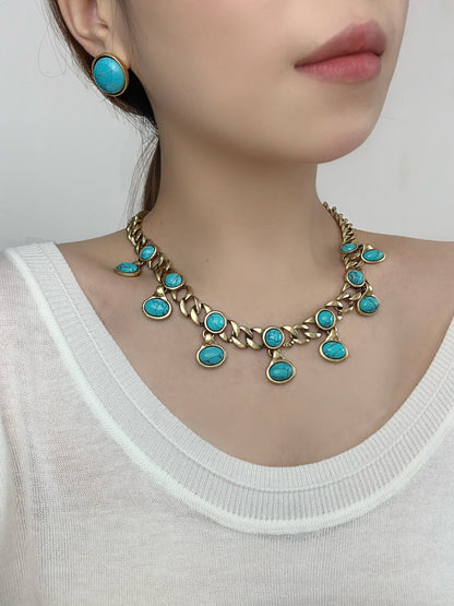 Vintage Gold-Plated Twist Chain Necklace with Genuine Turquoise – Boho Chic Statement Jewelry for Women