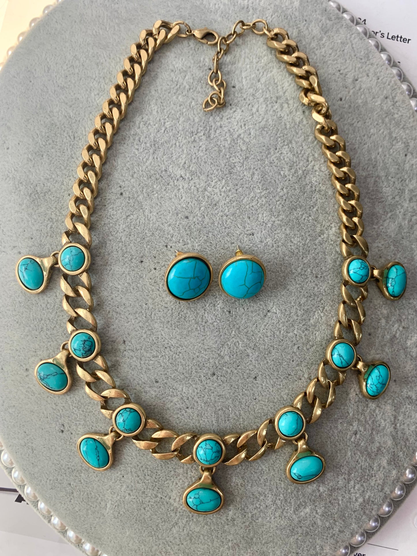 Vintage Gold-Plated Twist Chain Necklace with Genuine Turquoise – Boho Chic Statement Jewelry for Women