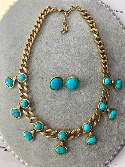 Vintage Gold-Plated Twist Chain Necklace with Genuine Turquoise – Boho Chic Statement Jewelry for Women