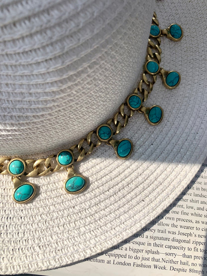 Vintage Gold-Plated Twist Chain Necklace with Genuine Turquoise – Boho Chic Statement Jewelry for Women