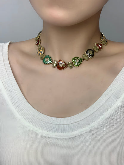 Vintage Heavy Craft Gold-Plated Brass Heart Pendant Choker Necklace