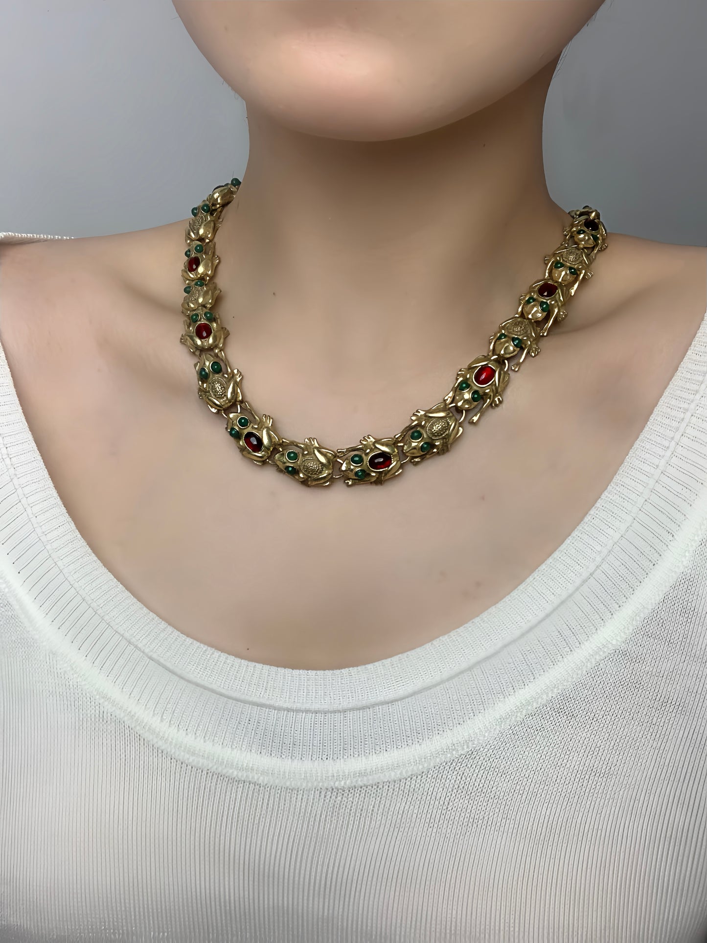 Vintage Heavy Craft Gold-Plated Brass Toad Pendant Choker Necklace