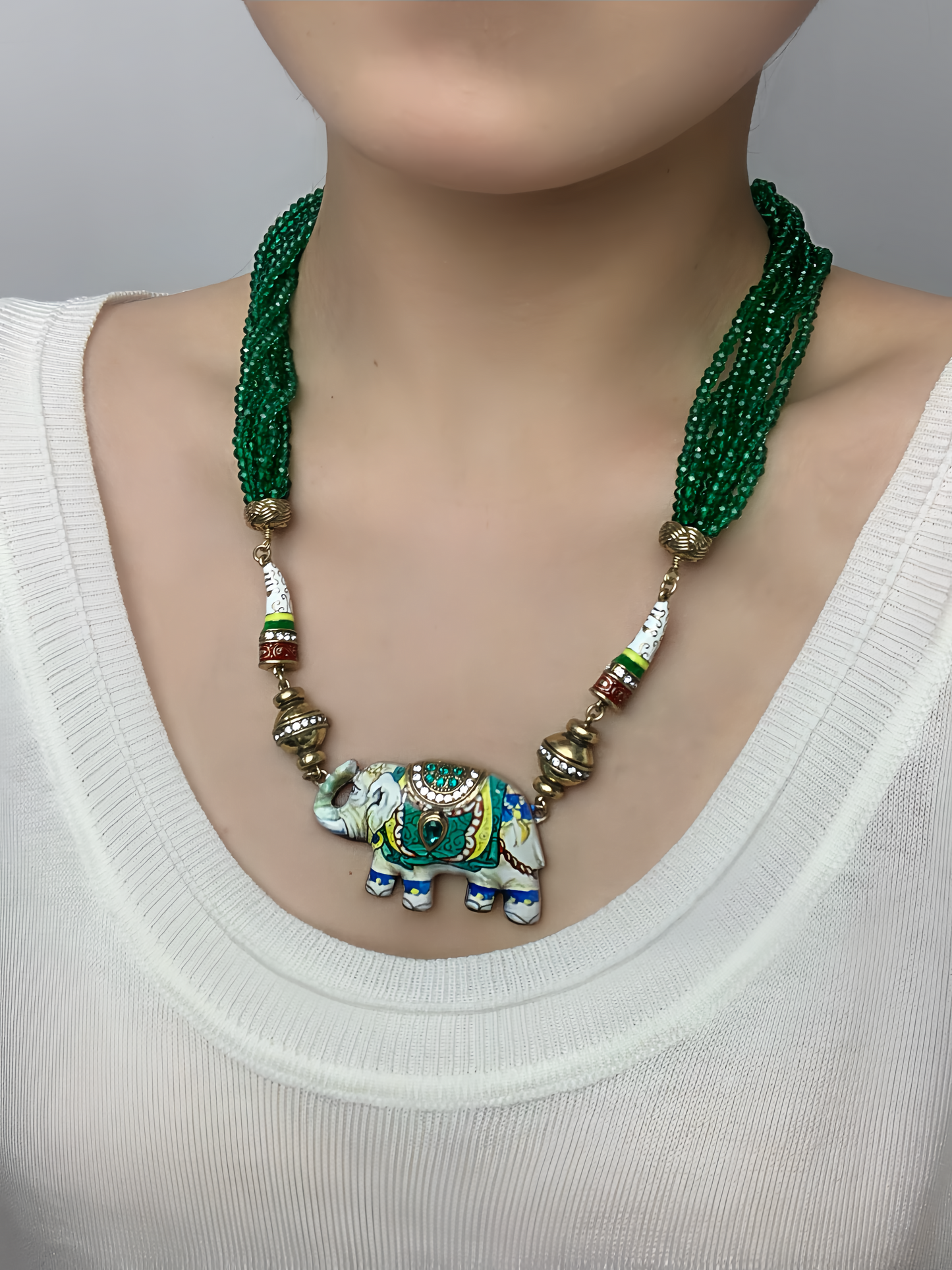 Vintage Layered Green Crystal Enamel Elephant Necklace
