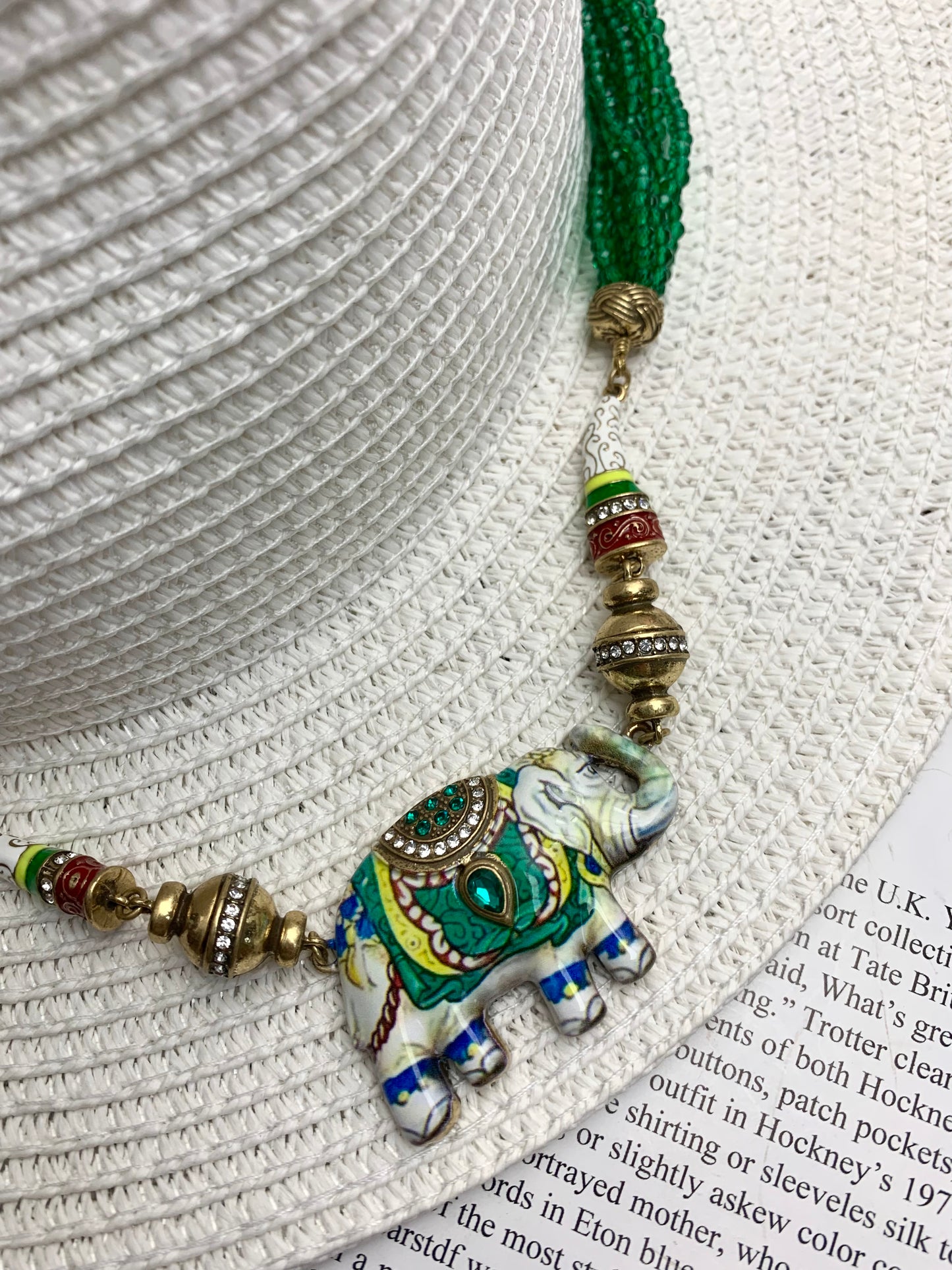 Vintage Layered Green Crystal Enamel Elephant Necklace