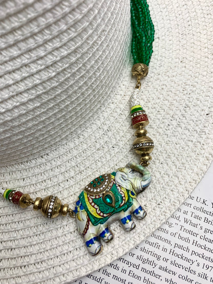 Vintage Layered Green Crystal Enamel Elephant Necklace