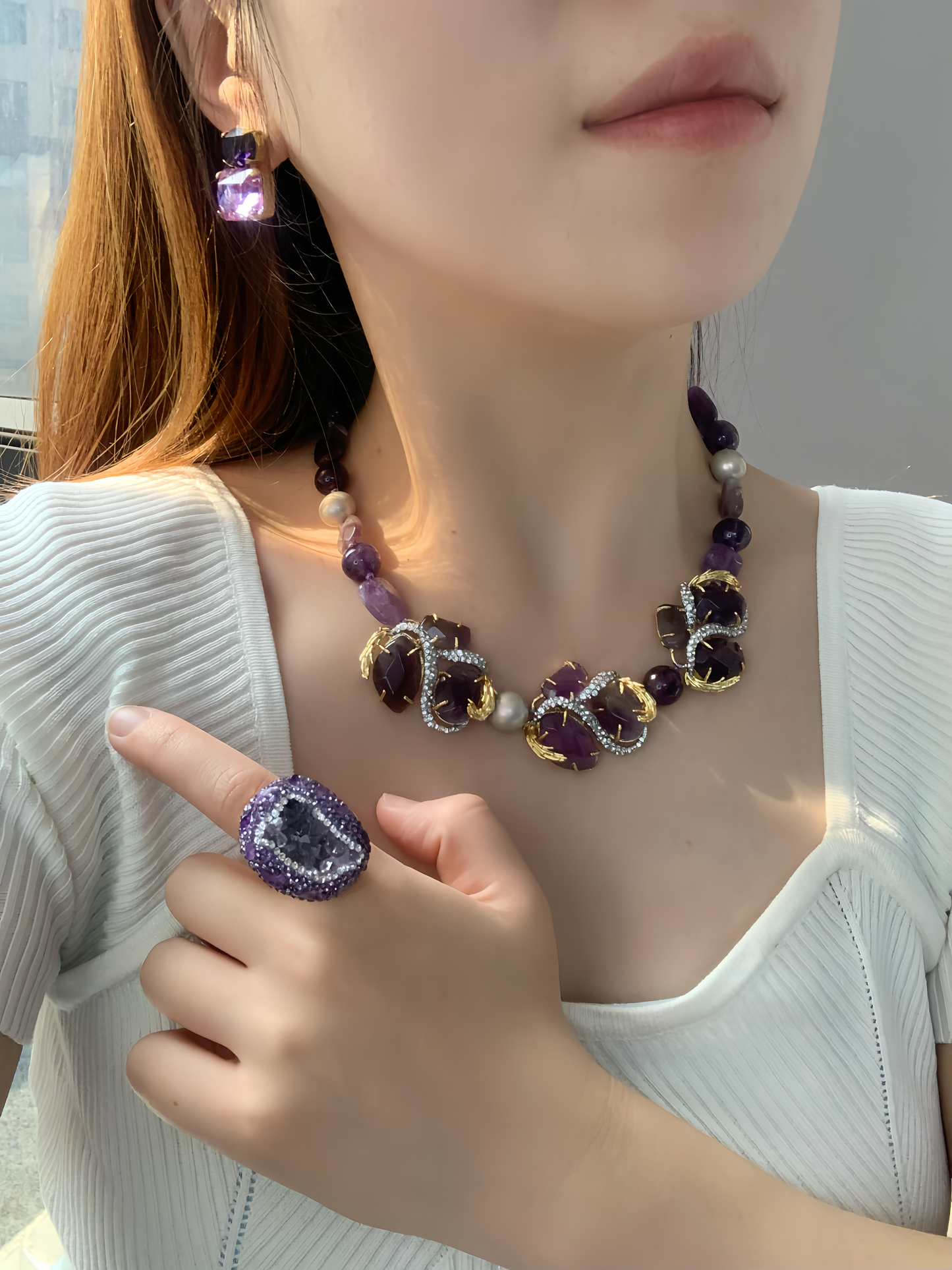 Avant-Garde Gold-Plated Amethyst Statement Necklace – Double-Tone Vintage Designer Piece