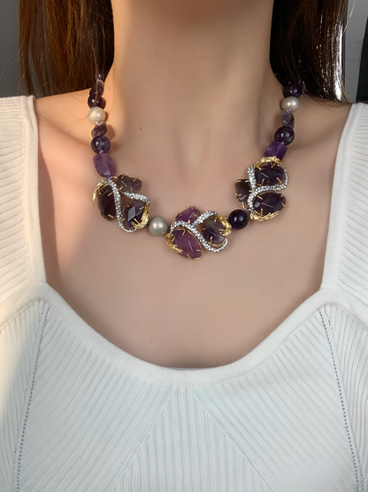 Avant-Garde Gold-Plated Amethyst Statement Necklace – Double-Tone Vintage Designer Piece