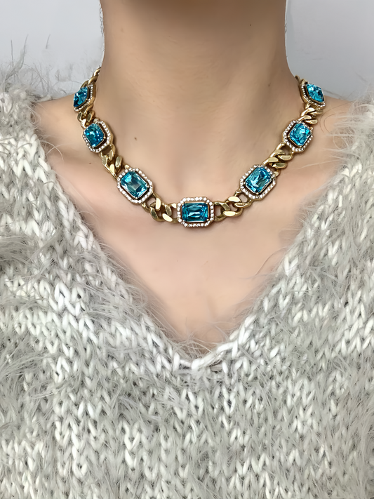 Royal-Inspired Choker Necklace : Heavy-Duty Brass with Klein Blue Cubic Zirconia