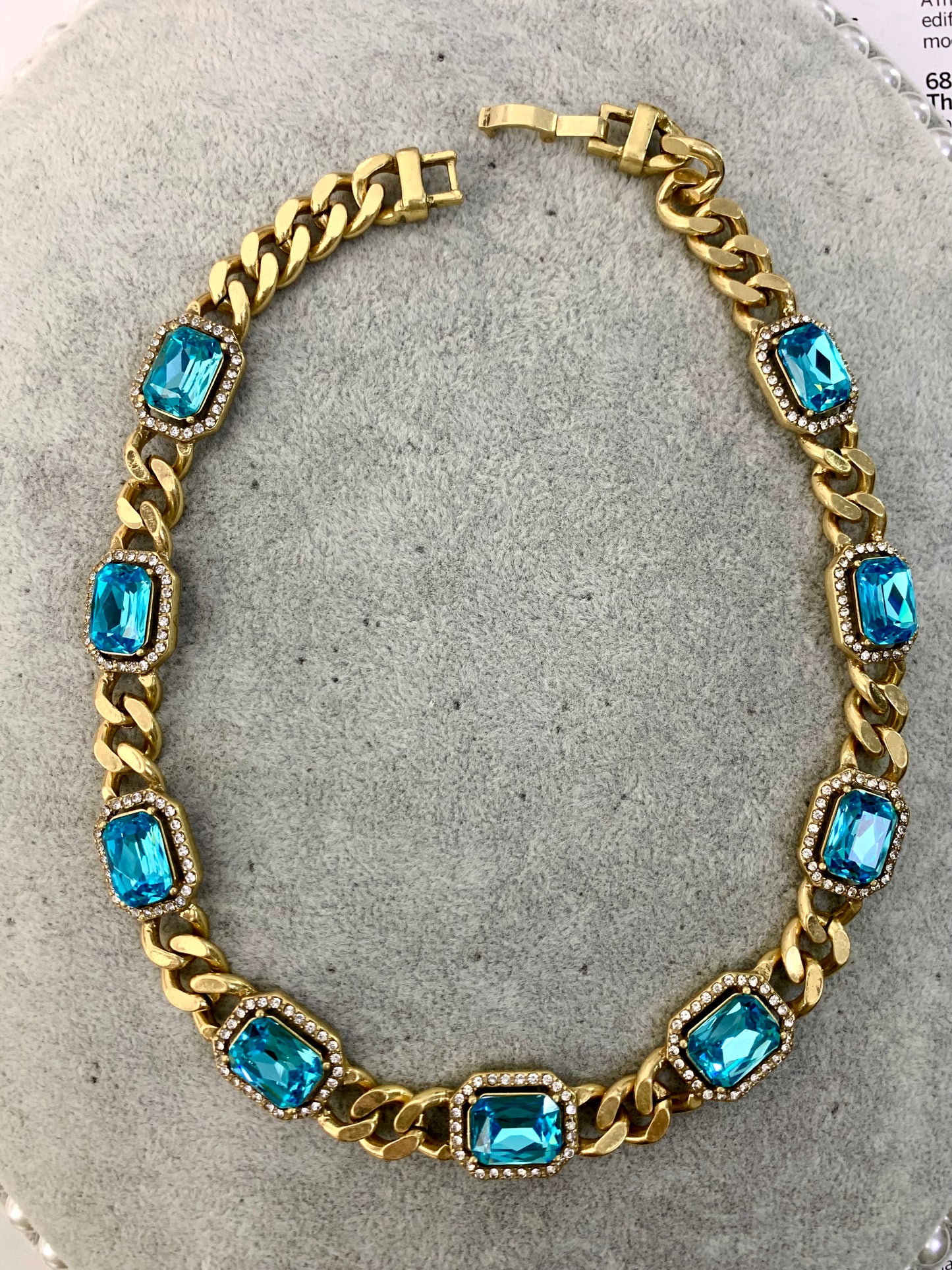 Royal-Inspired Choker Necklace : Heavy-Duty Brass with Klein Blue Cubic Zirconia
