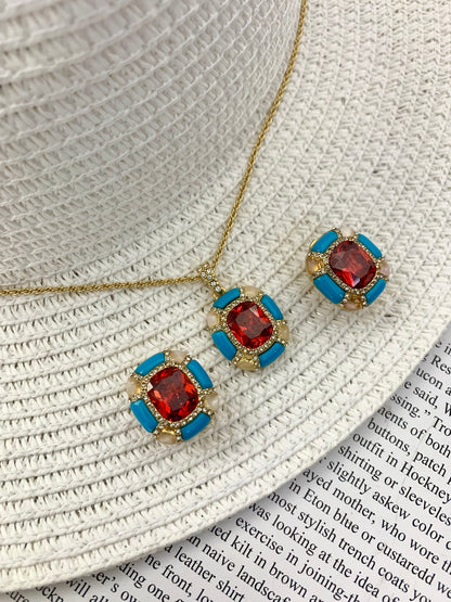 Vintage Glam Square-Cut Ruby Red Pendant Necklace & Earrings Set in Heavy Gold-Plated Finish