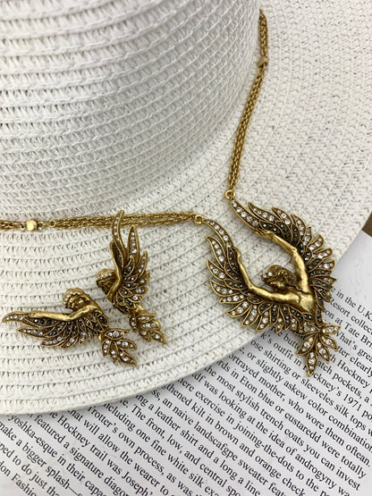 Vintage Gold-Plated Brass Full Paved Czech Rhinestone Angel Wings Earrings & Necklace Set