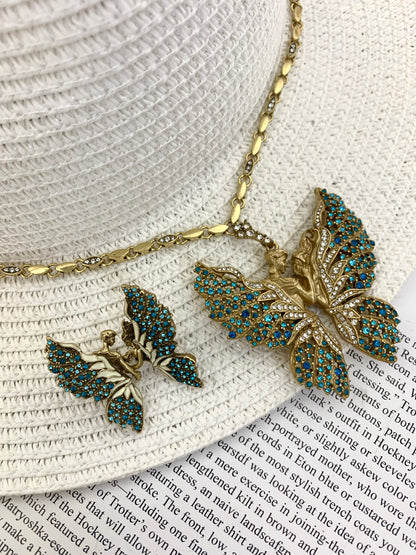 Vintage Heavy Craft Gold-Plated Brass Butterfly Fairy Angel’s Kiss Earrings & Necklace Set