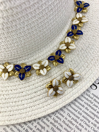 Vintage Blue & White Floral Enamel Jewelry Set - Heavy Duty Necklace & Earrings