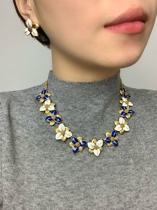 Vintage Blue & White Floral Enamel Jewelry Set - Heavy Duty Necklace & Earrings