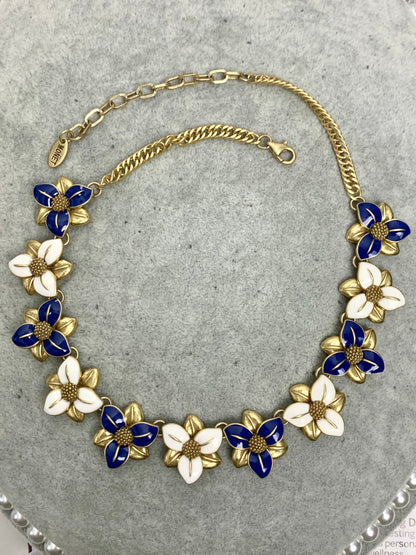 Vintage Blue & White Floral Enamel Jewelry Set - Heavy Duty Necklace & Earrings