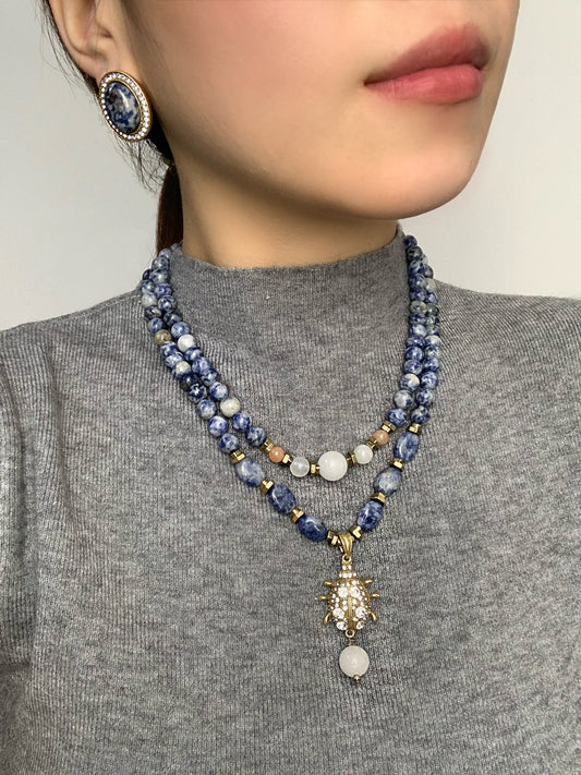 Royal-Inspired Jewelry Set: Lapis Lazuli Beaded Necklace with Beetle Pendant & Earrings