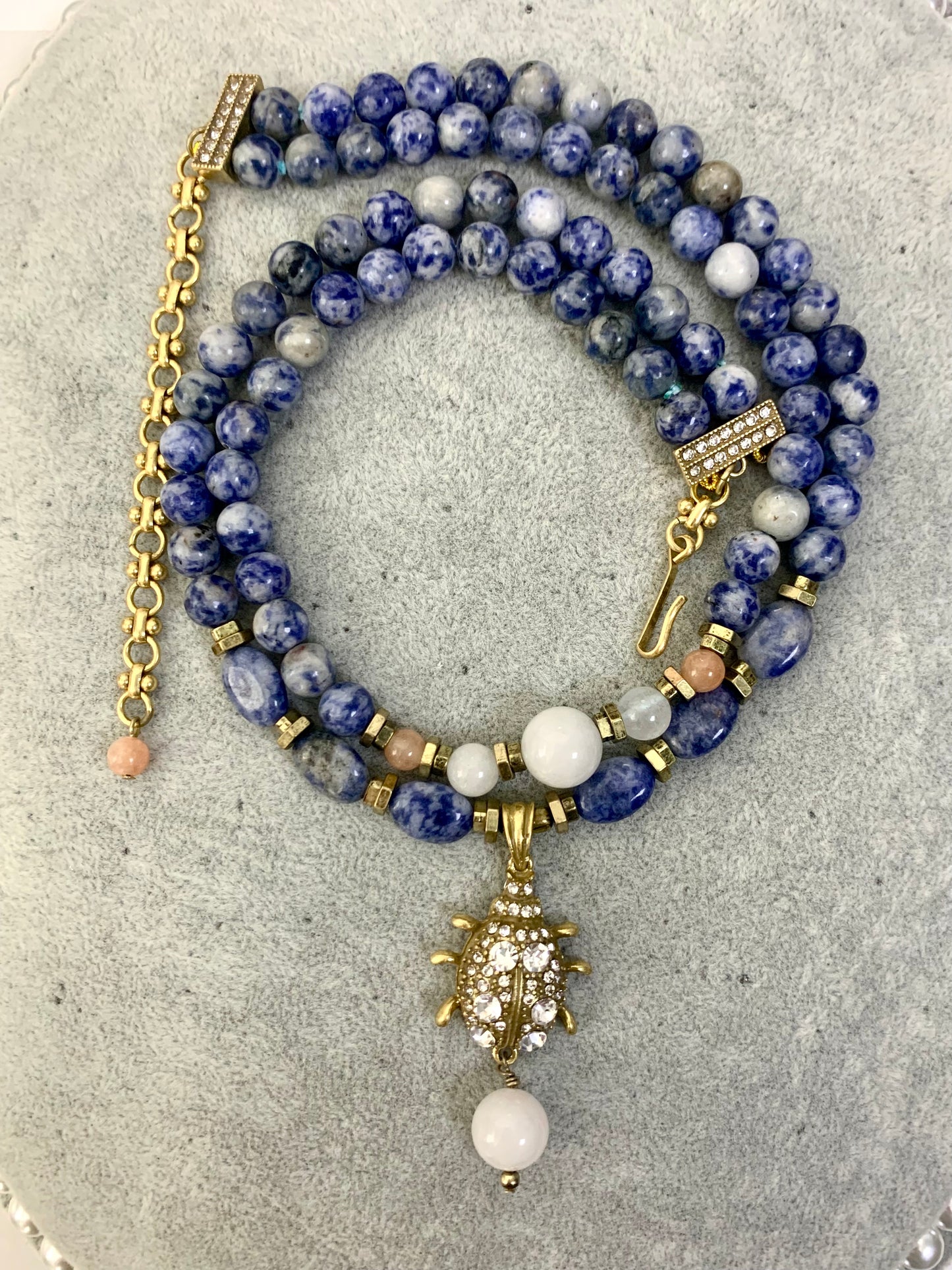 Royal-Inspired Jewelry Set: Lapis Lazuli Beaded Necklace with Beetle Pendant & Earrings