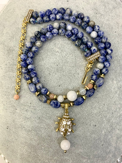 Royal-Inspired Jewelry Set: Lapis Lazuli Beaded Necklace with Beetle Pendant & Earrings
