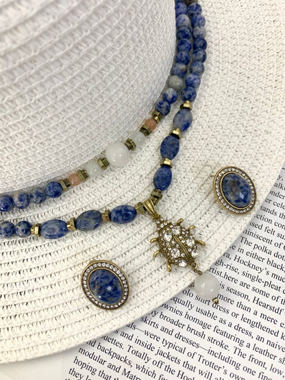 Royal-Inspired Jewelry Set: Lapis Lazuli Beaded Necklace with Beetle Pendant & Earrings