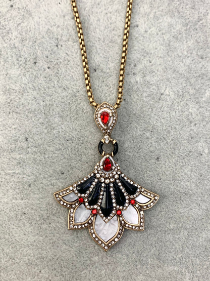Vintage Black Enamel Jewelry Set with Red Gemstone Dancer Pendant