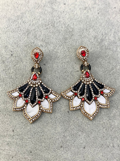 Vintage Black Enamel Jewelry Set with Red Gemstone Dancer Pendant